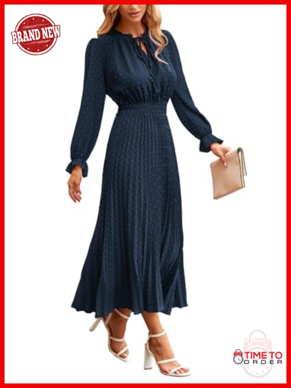 PRETTYGARDEN Women Midi Dress Swiss Dot Tie V Neck Long Sleeve A-Line Cocktail